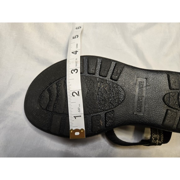 Minnetonka Womens 7.5 Black Brown Leather Sandals Slingback Adj Closure Comfort - Picture 9 of 9